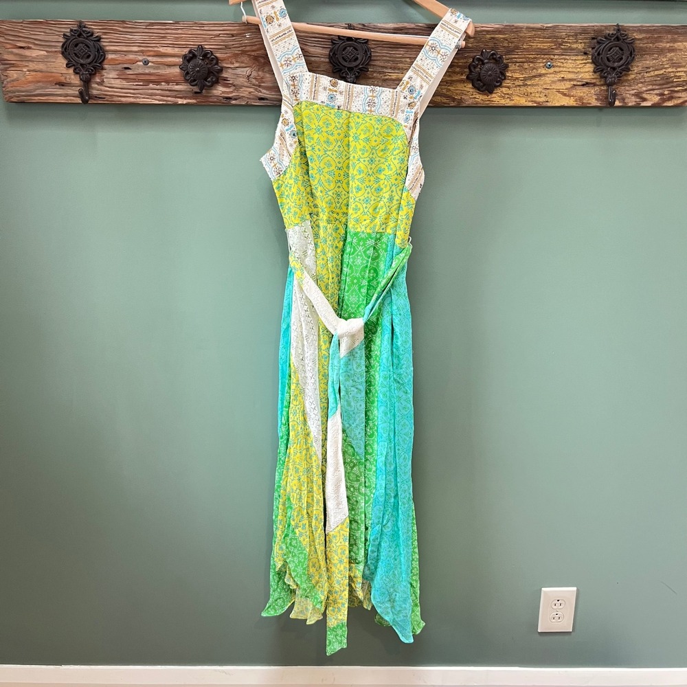 Verb by Pallavi Singhee Patchwork Beaded Lace Handkerchief Hem Dress Large Green